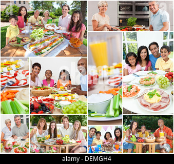 Montaggio di felice Americani africani, asiatici e caucasici bambini di famiglie di vivere uno stile di vita sano e mangiare alimenti nutrizionali Foto Stock