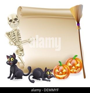 Halloween scorrere o segno di banner con orange scolpite zucche di Halloween e il nero della strega gatti scopa e lo scheletro di cartoon Foto Stock