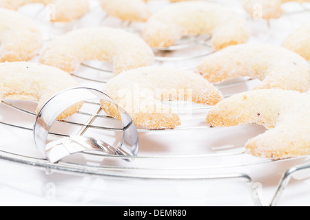 Freschi di forno vaniglia natale le mezzelune su una griglia di raffreddamento con uno stampo Foto Stock