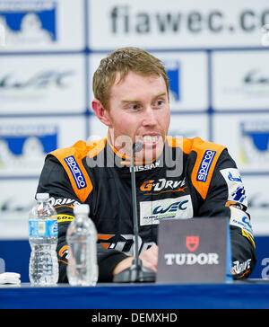 Austin, Texas, Stati Uniti d'America. Xxi Sep, 2013. Settembre 21, 2013: John Martin con G-Drive Racing (LMP-2) alla conferenza stampa, prende la pole position sul circuito delle Americhe. Austin, TX. Credito: csm/Alamy Live News Foto Stock