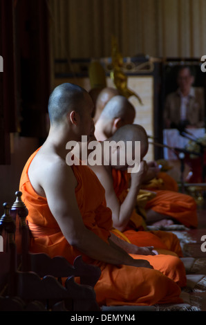 I monaci a pregare in un tempio buddista in Chang Mai, in Tailandia Foto Stock