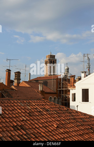 Tetti di Venezia con antenna TV e seagull Foto Stock