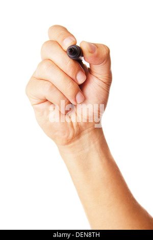 Mano con un marcatore isolato su bianco Foto Stock