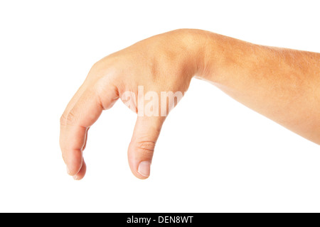 Adult man mano per tenere qualcosa di isolato su bianco Foto Stock