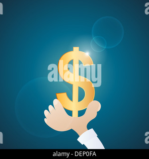 Vector cartoon illustrazione della mano che tiene il golden dollar simbolo di valuta. Foto Stock
