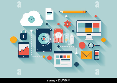 Illustrazione concetto di computer e dispositivi portatili collegati con collegamenti di trasmissione di informazioni sulle varie memorie di dati Foto Stock