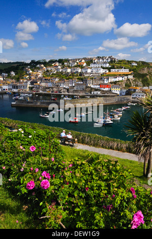 Due persone ammirando la vista del porto di Mevagissey in Cornovaglia, England, Regno Unito Foto Stock