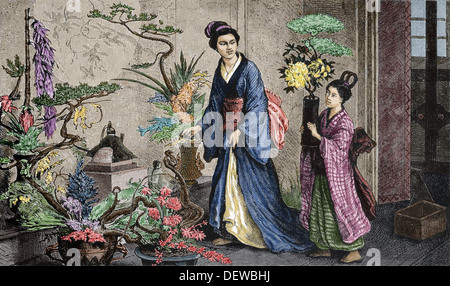 Asia. Il Giappone. Japenese Donna e bambina. c. 1890. Incisione colorata. Xix secolo. Foto Stock