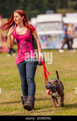 Una ragazza con il suo cane al Tutto su cani mostrano al Norfolk Showground, Norwich, Norfolk, Inghilterra, Regno Unito Foto Stock