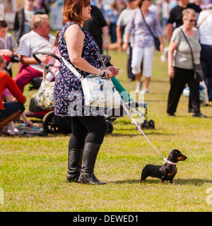 Una donna con il suo cane al Tutto su cani mostrano al Norfolk Showground, Norwich, Norfolk, Inghilterra, Regno Unito Foto Stock