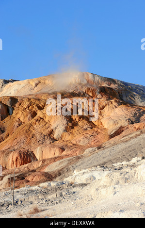 Primavera calda con travertino terrazze di sinterizzazione, inferiore di terrazze, Mammoth Hot Springs, il Parco Nazionale di Yellowstone, Wyoming USA Foto Stock