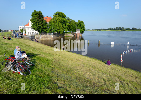 Elba alluvione in 2013 nell'Zollenspieker ferry boat-house di Kirchwerder, 4 e terreni paludosi, Amburgo, Germania, Europa Elbe-Flut Foto Stock