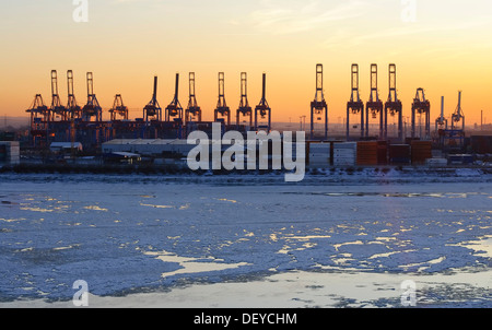 Tramonto nel wintery porto di Amburgo, fiume Elba, Amburgo Foto Stock