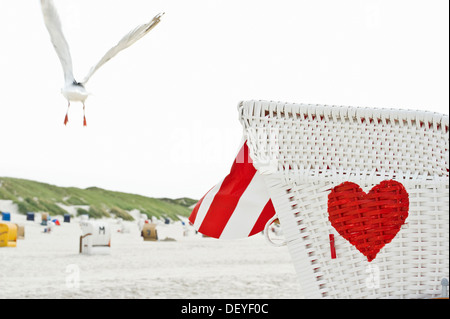 Coperto e Spiaggia di vimini sedia con un cuore rosso sulla spiaggia e un gabbiano in volo, Norddorf, Amrum, Amrum, Nord Isole Frisone Foto Stock