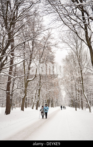 Turisti di età matura passeggiate nel parco innevato Foto Stock