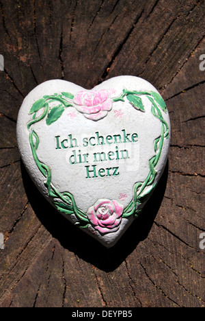 Cuore con le parole "Ich schenke dir mein Herz' io vi do il mio cuore, su un trunk Foto Stock