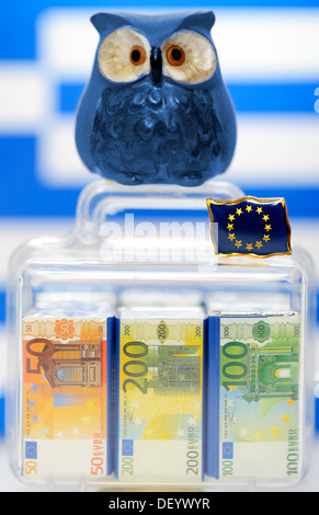 Il gufo su una valigia piena di denaro di fronte di una bandiera greca, immagine simbolica per gli aiuti UE per la Grecia Foto Stock
