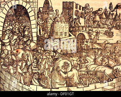 Scena biblica, Antico Testamento, libro di Esra, esodo degli Ebrei dalla cattività babilonese, xilografia da Jost Amman Foto Stock