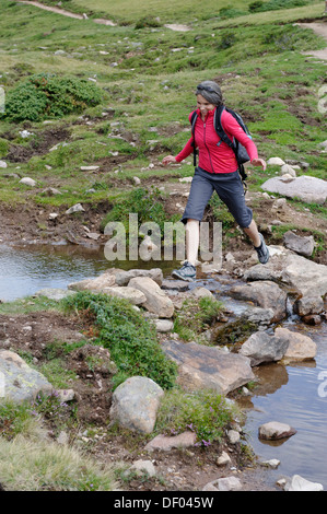 Escursionista presso il Rasciesa o Rasciesa alpeggio vicino a Ortisei Val Gardena valley, Sud Tirolo, Alto Adige, Italia Foto Stock