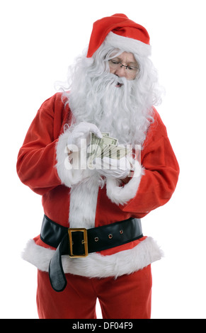 Il conteggio del costo di natale, santa contando di dollari isolato su uno sfondo bianco Foto Stock