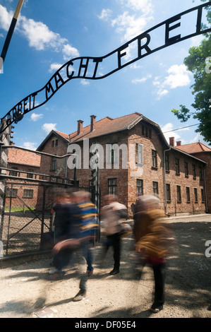 Segno "Arbeit macht frei", tedesco per "lavoro porta libertà', Auschwitz I campo di concentramento di Auschwitz, Minor Polonia Polonia Foto Stock