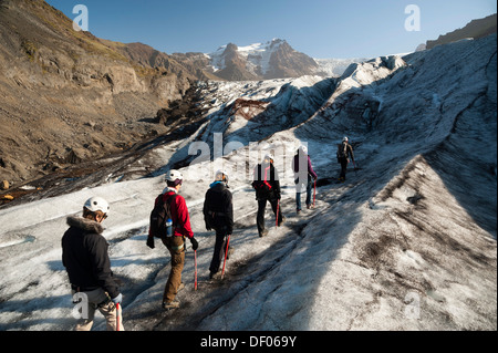 Un gruppo di turisti escursioni, Svinafellsjoekull lingua del ghiacciaio, Skaftafell National Park, Austurland, orientale, Islanda Islanda Foto Stock