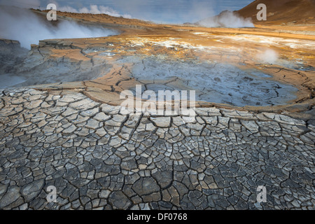 Solfatare, fumarole, piscine di fango, zolfo e altri minerali, vapore, Hveraroend area geotermica, Námafjall montagne Foto Stock