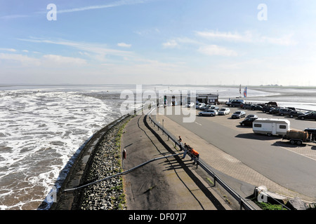 Vista verso il Mare del Nord, Eider River, Eidersperrwerk, Eider, la costruzione iniziò nel 1967, vicino Toenning Foto Stock