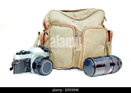 Vintage fotocamera con fotocamera borsa e teleobiettivo Foto Stock
