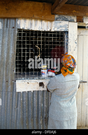 Mangu Village Kenya la signora Wangari Kamande Shopping al negozio locale Foto Stock