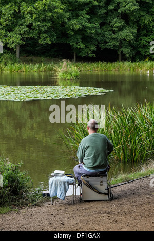 Un pescatore che pesca in Old Hall stagno a Thorndon Country Park in Essex. Foto Stock
