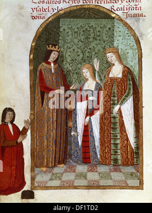 Isabella I di Castiglia (1451-1504), Ferdinando II di Aragona (1452-1516) e la loro figlia Giovanna di Castiglia(1478-1555). Foto Stock