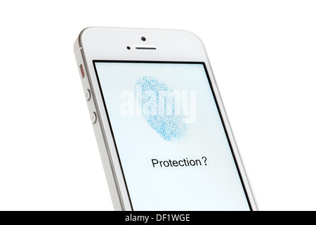iPhone with a fingerprint displayed on screen. Foto Stock