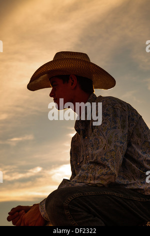 Ritratto di un cowboy funzionante a Rimrock rodeo, Grand Junction, Colorado, Stati Uniti d'America presa al tramonto Foto Stock