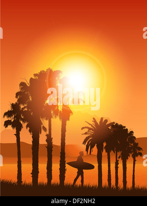 Silhouette di un surfista in un paesaggio tropicale Foto Stock