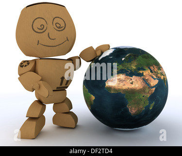 3D render di una scatola di cartone di figura con globo Foto Stock