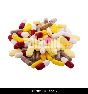 Una selezione di pillole su sfondo bianco Foto Stock