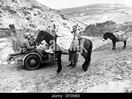 L'immagine della Propaganda nazista! Raffigura i soldati della Wehrmacht tedesca che parlano con i locali in Tunisia, pubblicato il 4 febbraio 1943. Luogo sconosciuto. Fotoarchiv für Zeitgeschichte Foto Stock