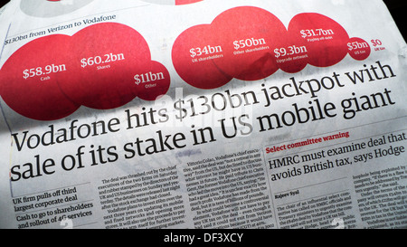 Quotidiano Guardian headline "Vodafone hits $ 130 miliardi di euro jackpot con la vendita della sua partecipazione' 2 settembre 2013 Londra Inghilterra REGNO UNITO Foto Stock