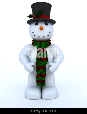 3D Render di un pupazzo di neve nel cappello e sciarpa Foto Stock