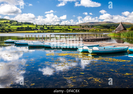 Barche a remi ormeggiate a Llangors Lake nel Parco Nazionale di Brecon Beacons, Galles con il crannog dell' estrema destra. Foto Stock