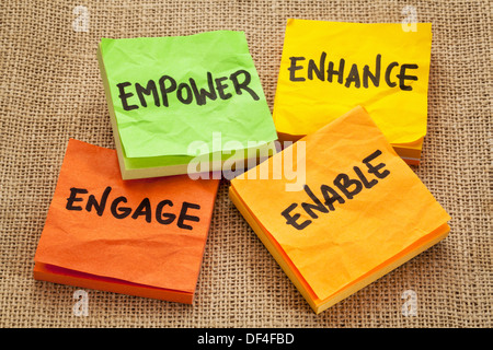 Empower, migliorare, abilitare e impegnarsi - Motivazione di business concetto - scrittura su foglietti adesivi Foto Stock