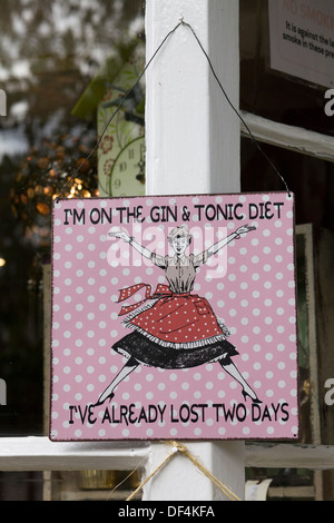 Cartello che diceva "sto sul Gin Tonic la dieta che ho già perso due giorni' appeso su un palo di legno Foto Stock
