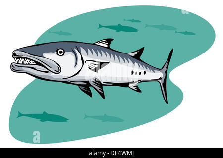 Illustrazione di un barracuda con sagome dietro di esso, fatto in uno stile retrò in un isolato sfondo. Foto Stock
