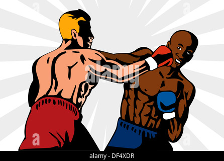 Illustrazione di un boxer collegando un knockout punch fatto in stile retrò. Foto Stock