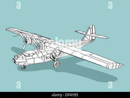 Illustrazione di catalina idrovolante aereo fatto in wireframe isolato su sfondo blu. Foto Stock