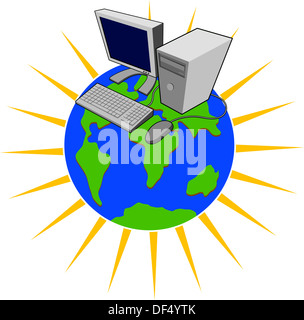 Immagine del computer tastiera mouse pc sulla parte superiore di un globo mondo isolato su sfondo bianco fatto in stile retrò. Foto Stock