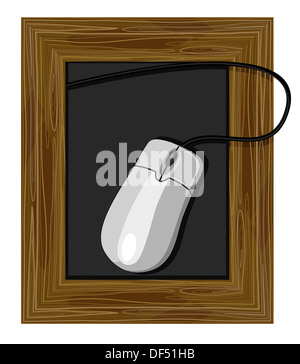Illustrazione di una cornice per una lavagna con un mouse per computer isolati su uno sfondo bianco fatto in stile retrò. Foto Stock