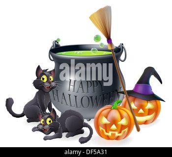 Un happy Halloween cartoon illustrazione delle streghe calderone, gatti e zucche intagliato Foto Stock