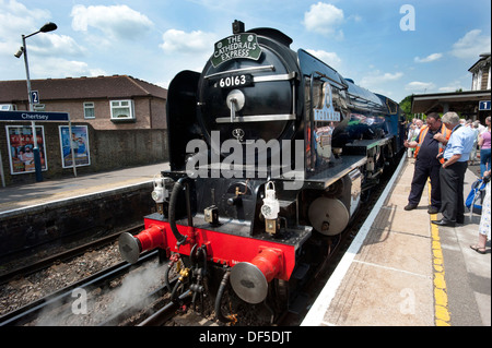 Motore a vapore Tornado arriva alla stazione di Chertsey nel luglio 2013. Foto Stock